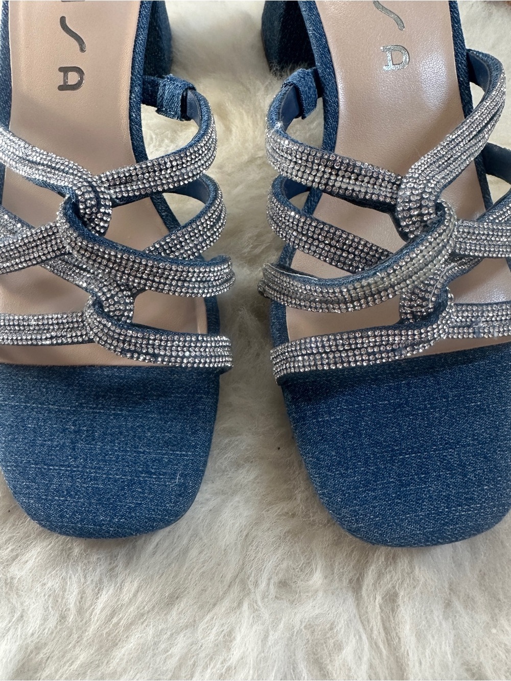 Unisa Denim Rhinestone Sandals Womens 7 Blue Block Heel Open Toe New - Picture 8 of 9
